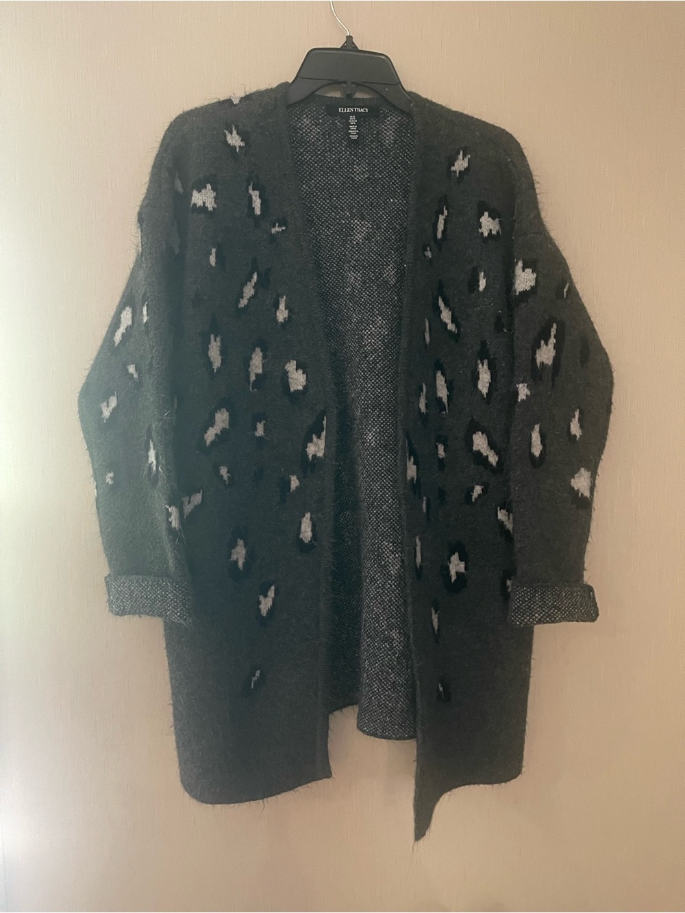 Ellen Tracy medium black gray Patterned Open-Front Women's Sweater Cardigan READ